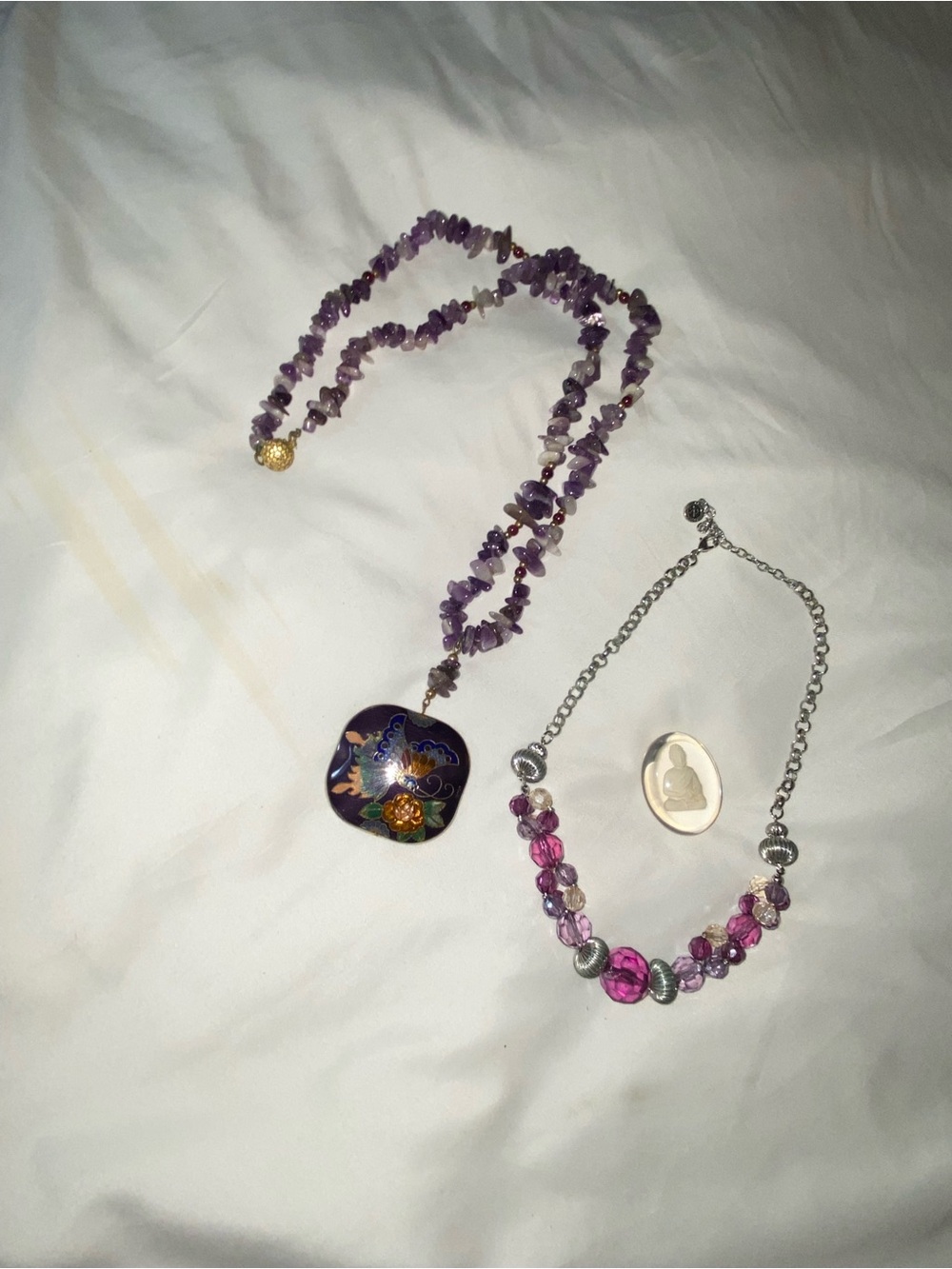 Amethyst Chip Pendant Necklace with Purple Beaded Accent